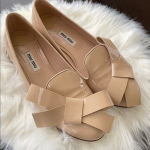 Miu Miu nude patent loafers w/ rhinestones